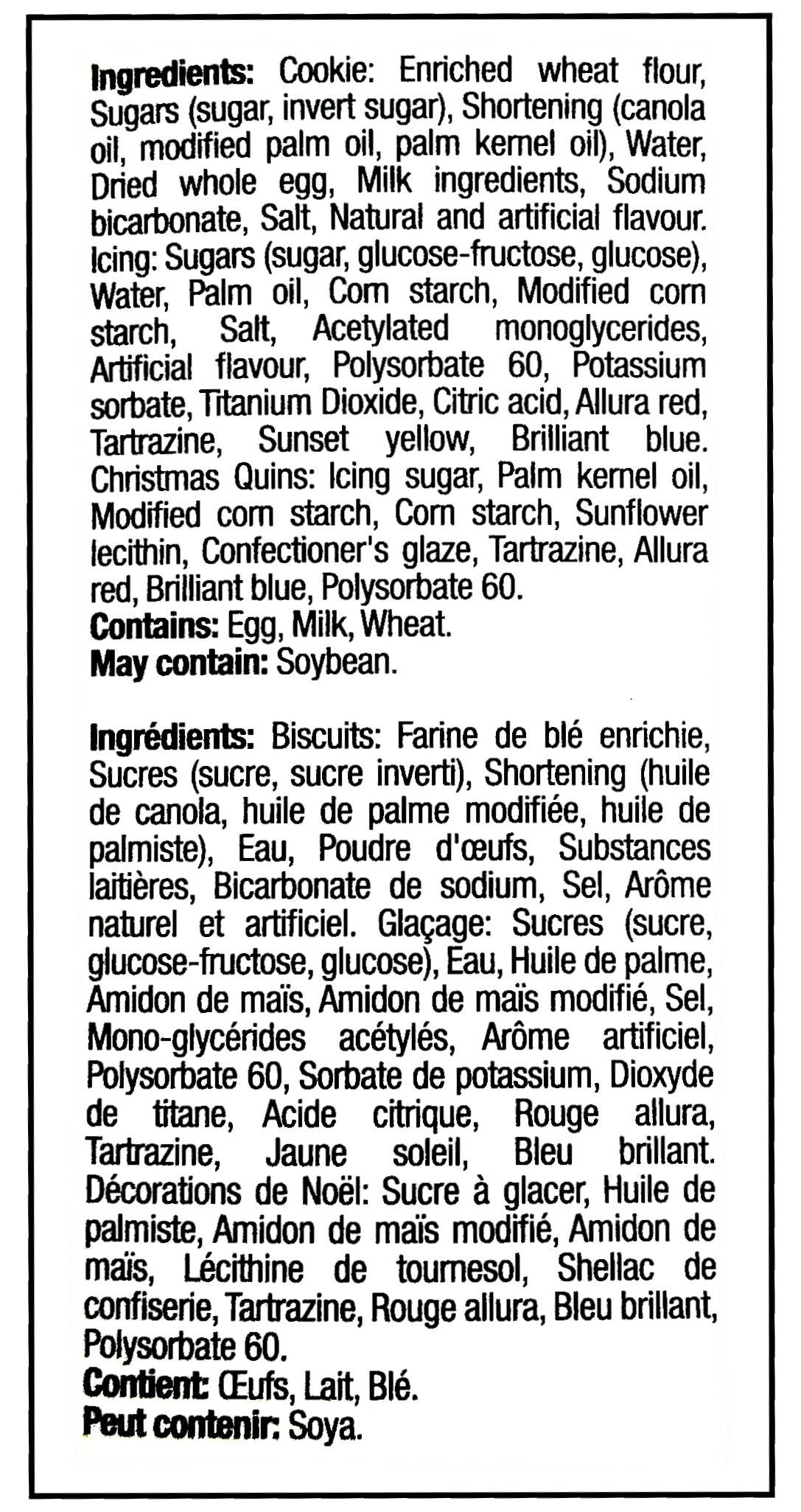 Ingredients label of Create A Treat Ugly Sweater Cookies Decorating Kit, 8 Cookies, 406g/14.3 oz. Box