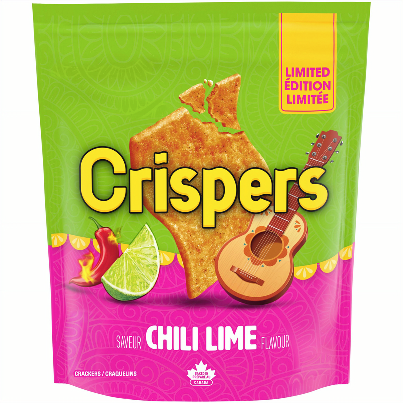 Christie Crispers Chili Lime Flavored Crackers 145g/5.1 oz with guitar and lime graphics on a green and pink background
