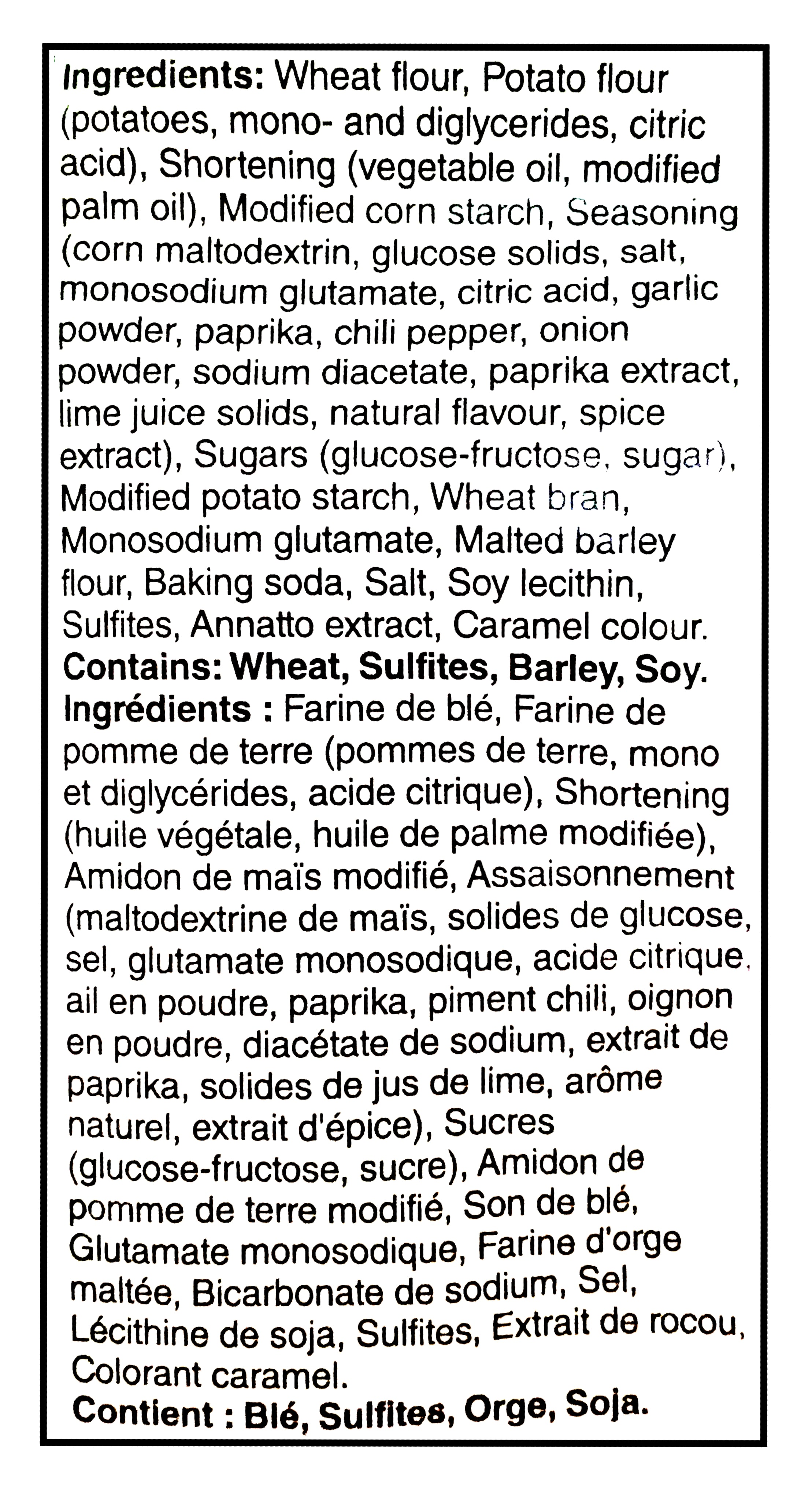 List of ingredients for Christie Crispers Chili Lime Flavored Crackers 145g/5.1 oz