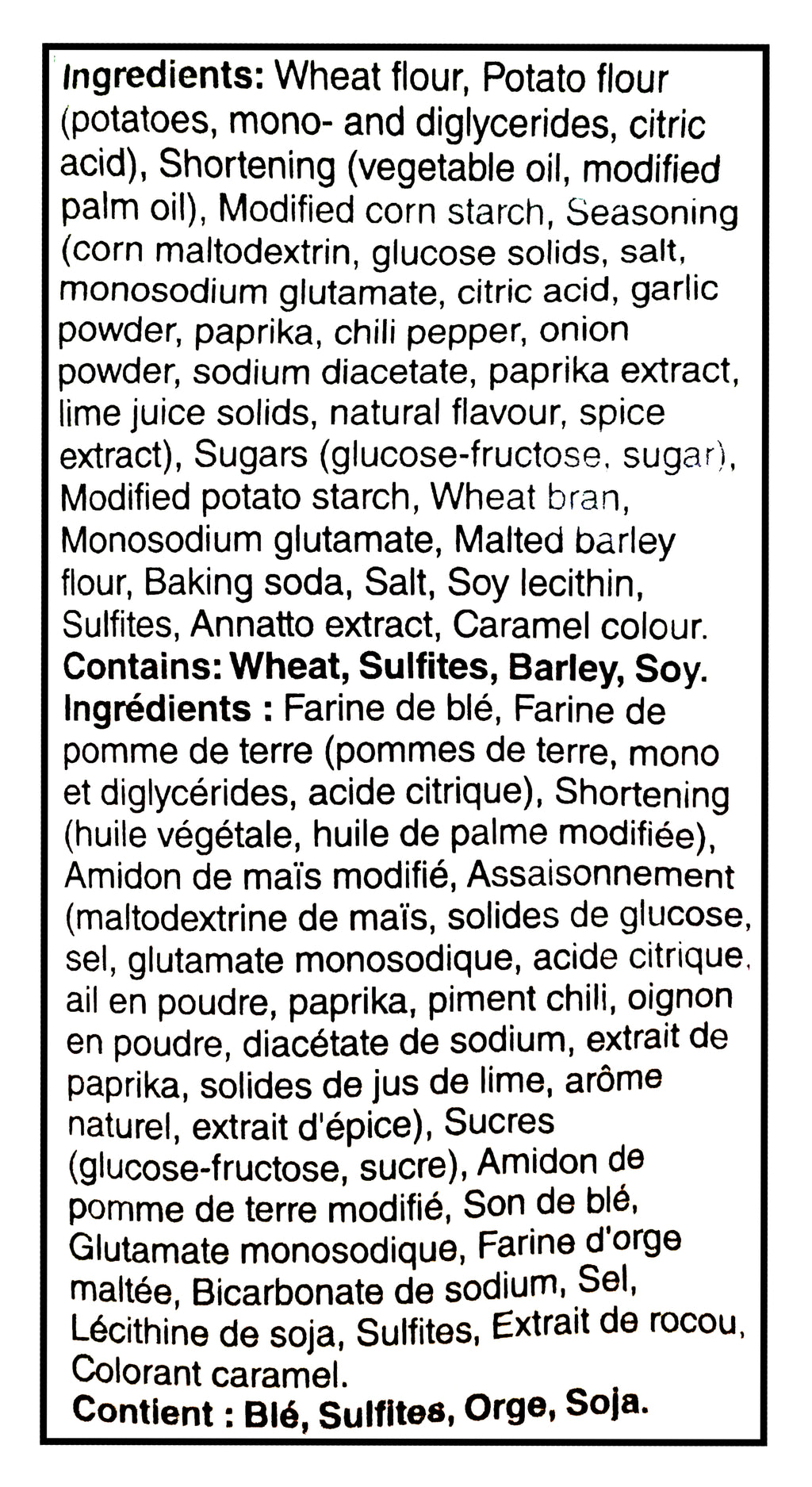List of ingredients for Christie Crispers Chili Lime Flavored Crackers 145g/5.1 oz