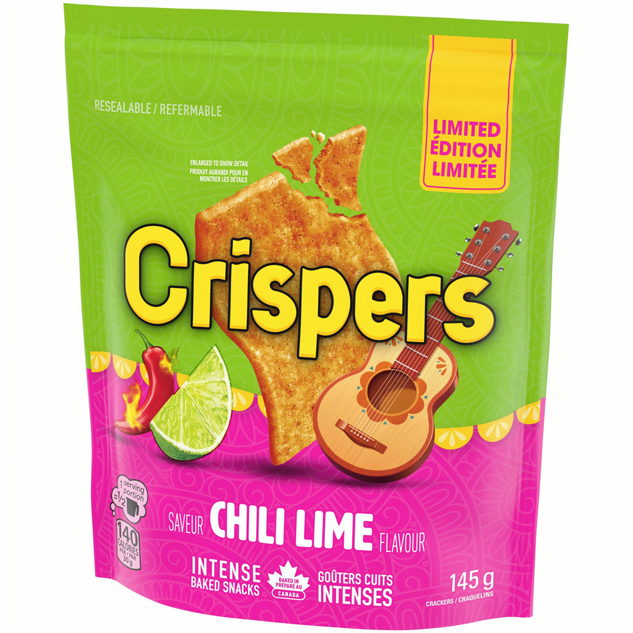 Christie Crispers Chili Lime Flavored Crackers 145g/5.1 oz with guitar illustration on a green and pink background