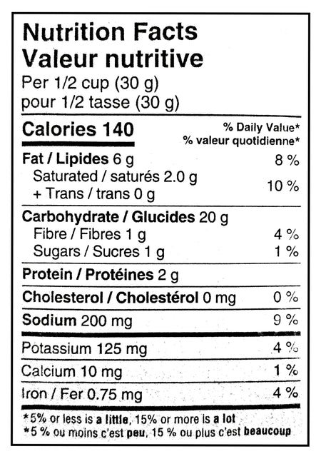 Nutrition facts label for Christie Crispers Chili Lime Flavored Crackers 145g/5.1 oz