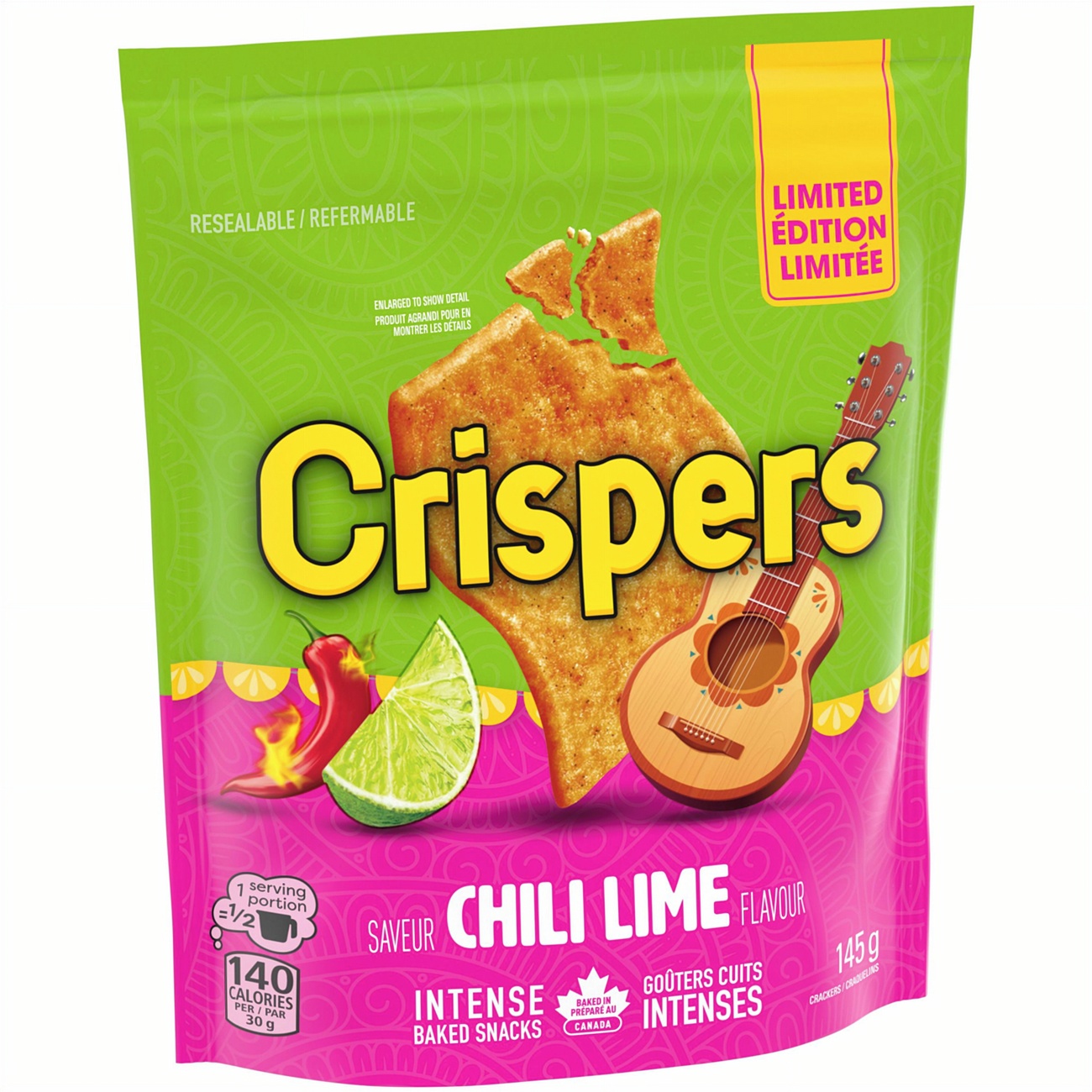 Christie Crispers Chili Lime Flavored Crackers 145g/5.1 oz with guitar and fruit graphics on a green and pink background.
