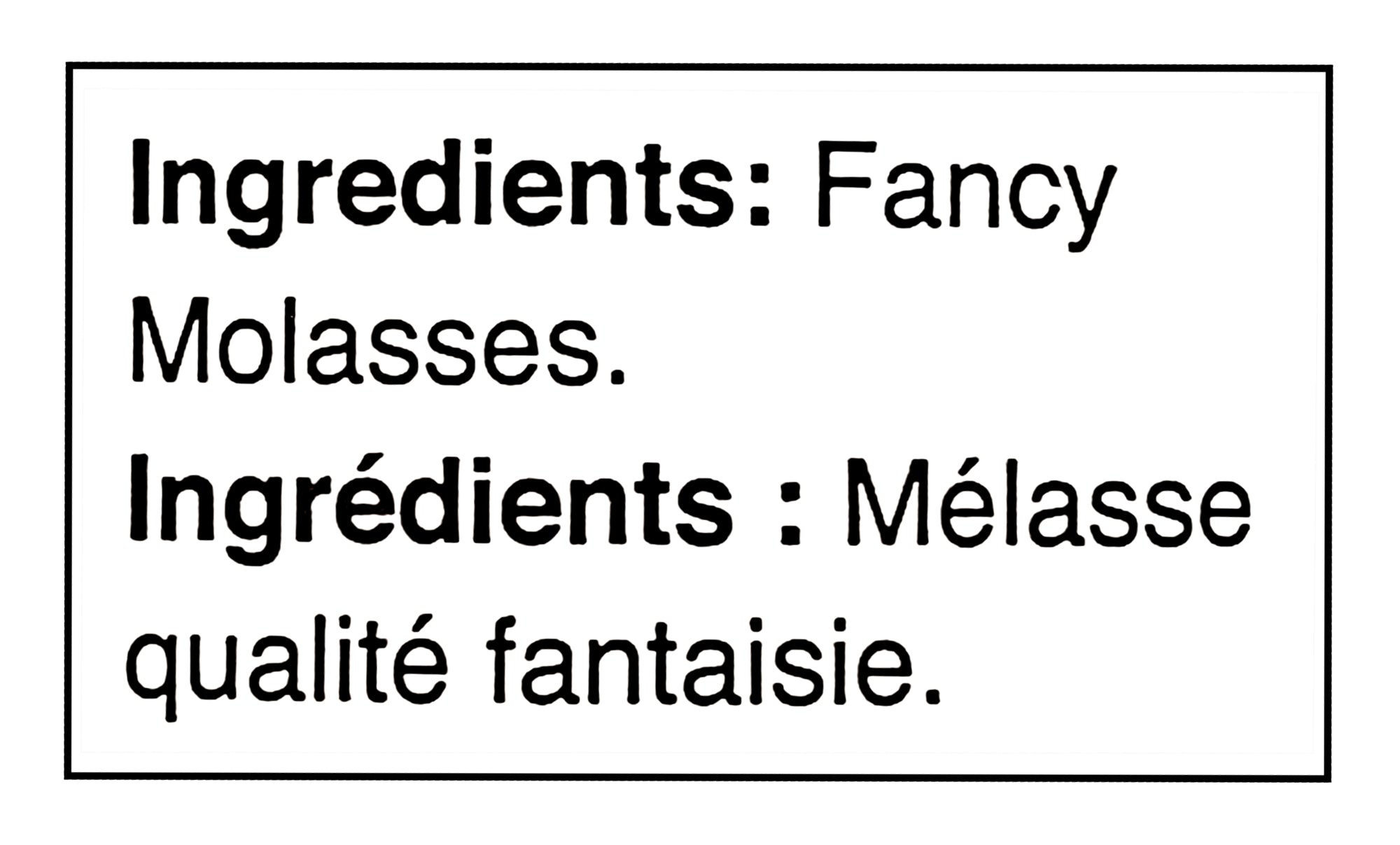 Ingredients label for Crosbys Fancy Molasses with a black border
