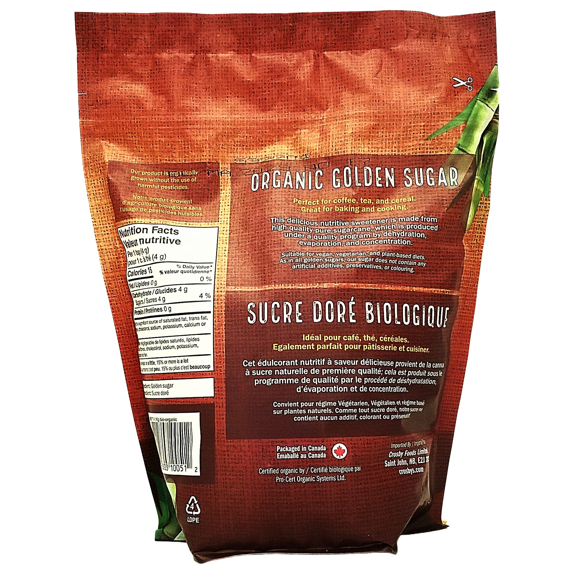 Crosby's Organic Golden Sugar, Unrefined Cane Sugar - 1 kg (35.3 oz)