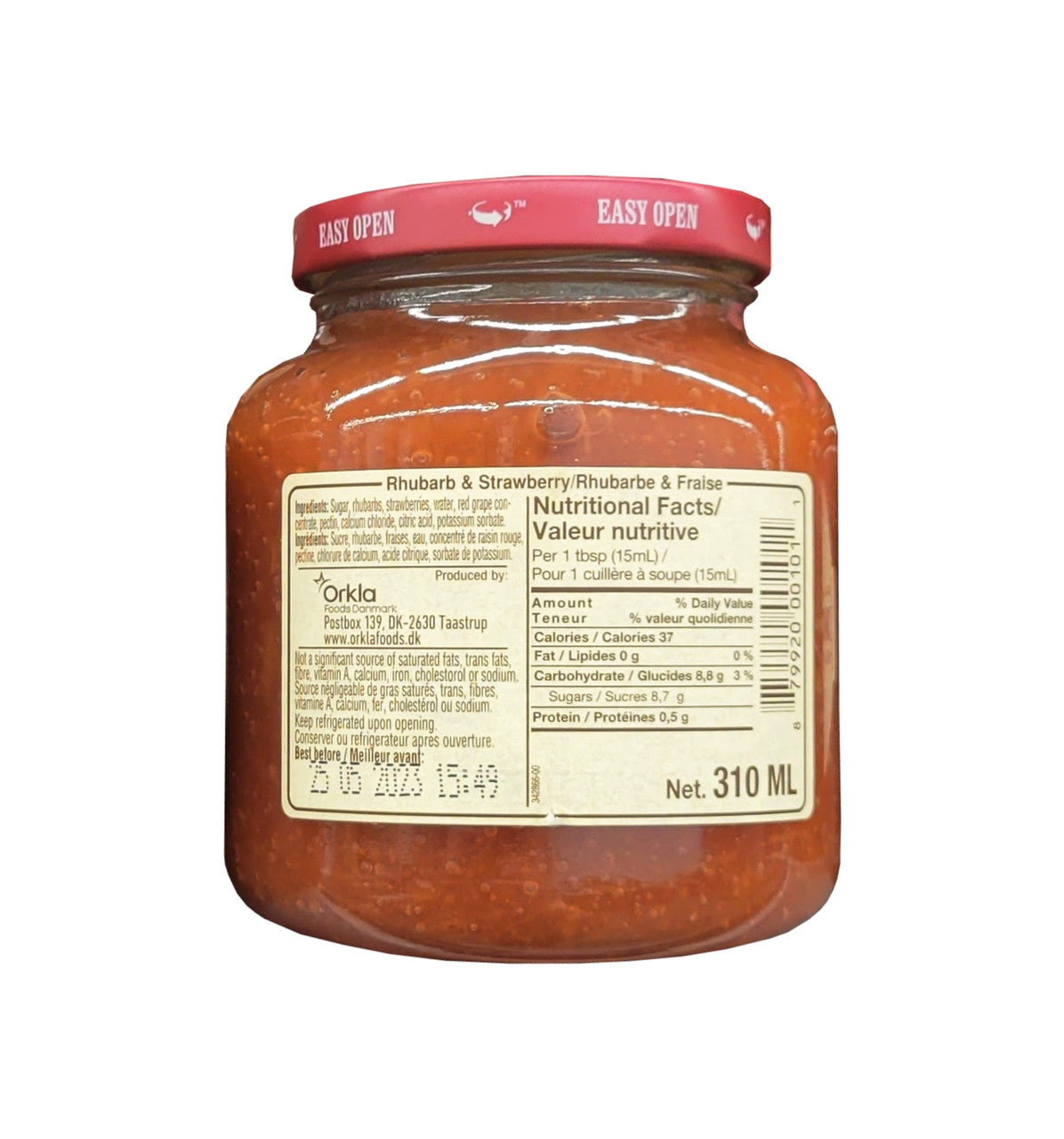 Danish Selection Rhubarb & Strawberry Fruit Spread, 310mL/10.8 oz., Jar Back Side