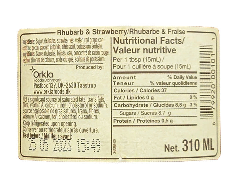 Danish Selection Rhubarb & Strawberry Fruit Spread, 310mL/10.8 oz. Nutritional Facts