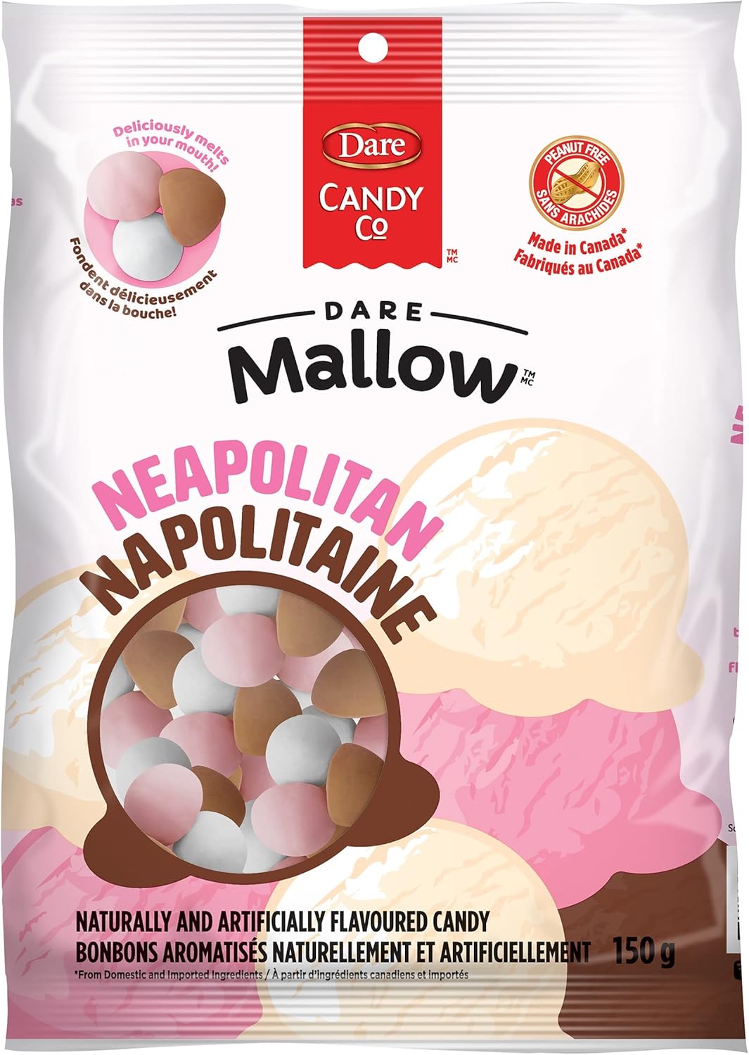 Dare Mallow Neapolitan marshmallows 150g bag front – soft candy by Dare Foods