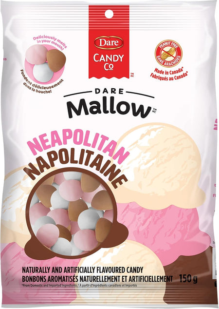 Dare Mallow Neapolitan marshmallows 150g bag front – soft candy by Dare Foods