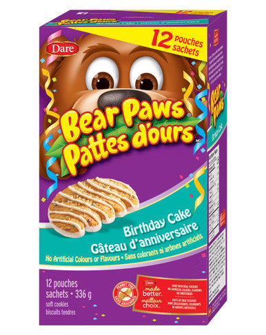Dare Bear Paws Birthday Cake Cookies, 336g/11.9 oz, 12 Pouches, 1 Box Front
