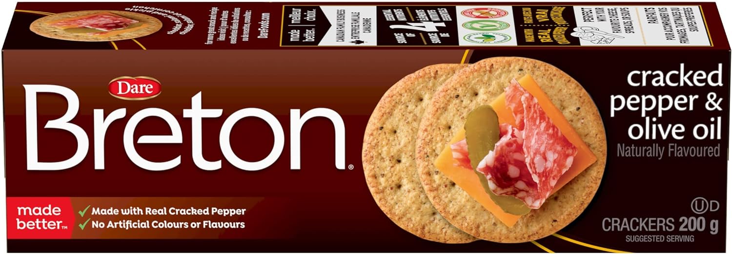 Dare Breton Cracked Pepper & Olive Oil Crackers, 200g/7 oz. Box Right Side