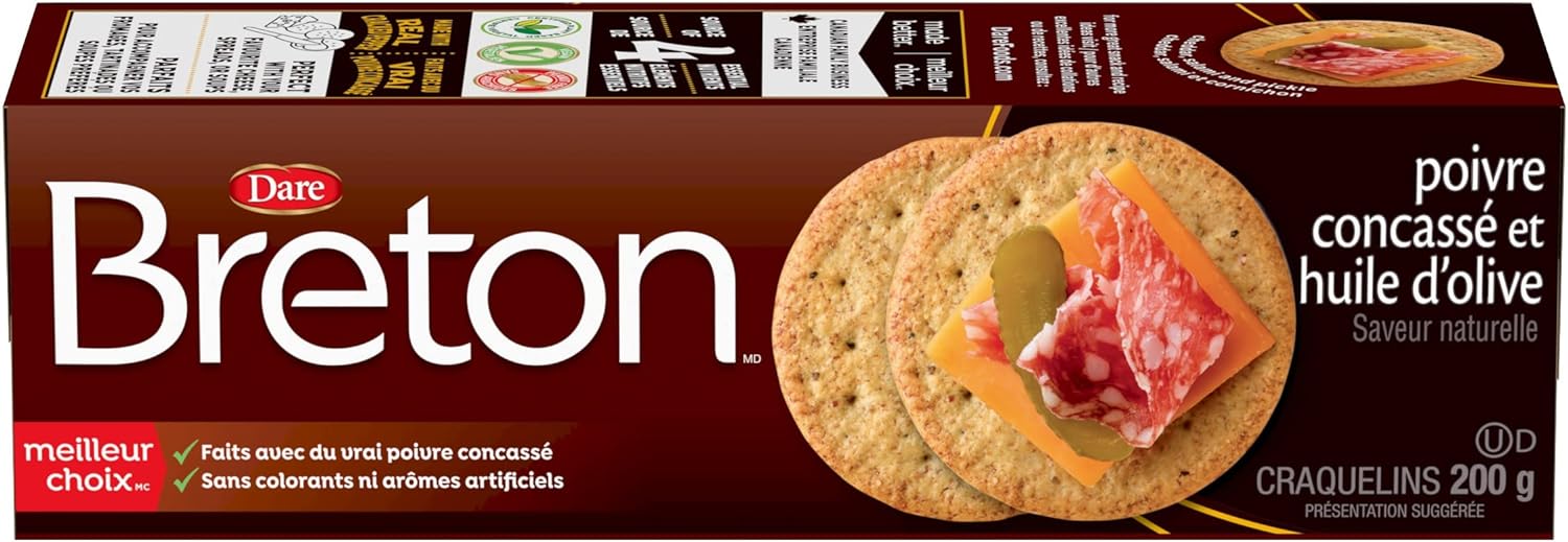 Dare Breton Cracked Pepper & Olive Oil Crackers, 200g/7 oz. Box Side