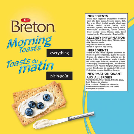 Dare Breton Morning Toasts Everything Crackers, 225g/8 oz. Box Ingredients