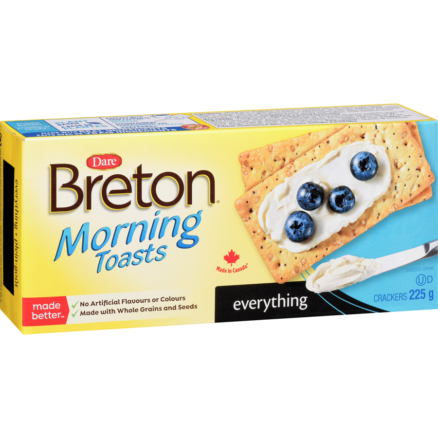 Dare Breton Morning Toasts Everything Crackers, 225g/8 oz. Box Left Angle
