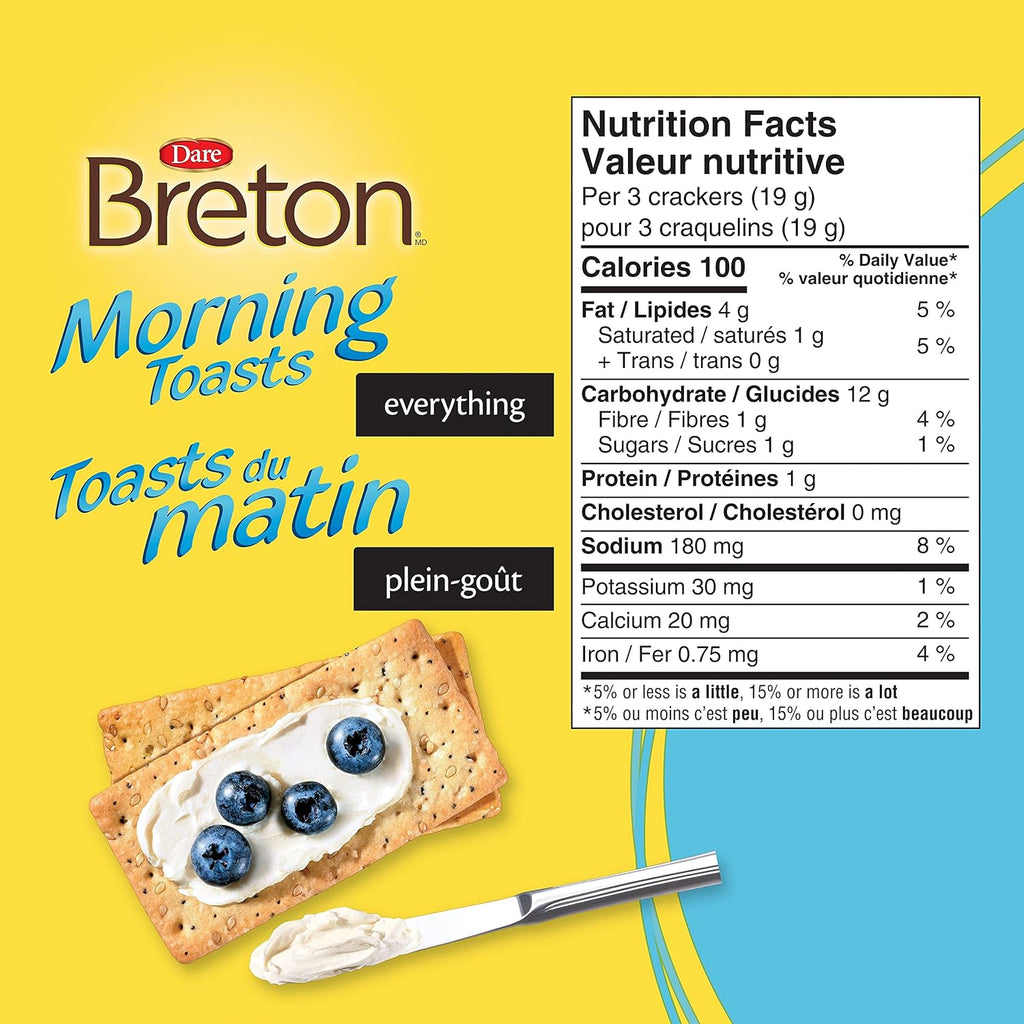 Dare Breton Morning Toasts Everything Crackers, 225g/8 oz. Box Nutrition Facts