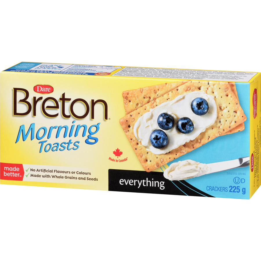 Dare Breton Morning Toasts Everything Crackers, 225g/8 oz. Box Right Angle