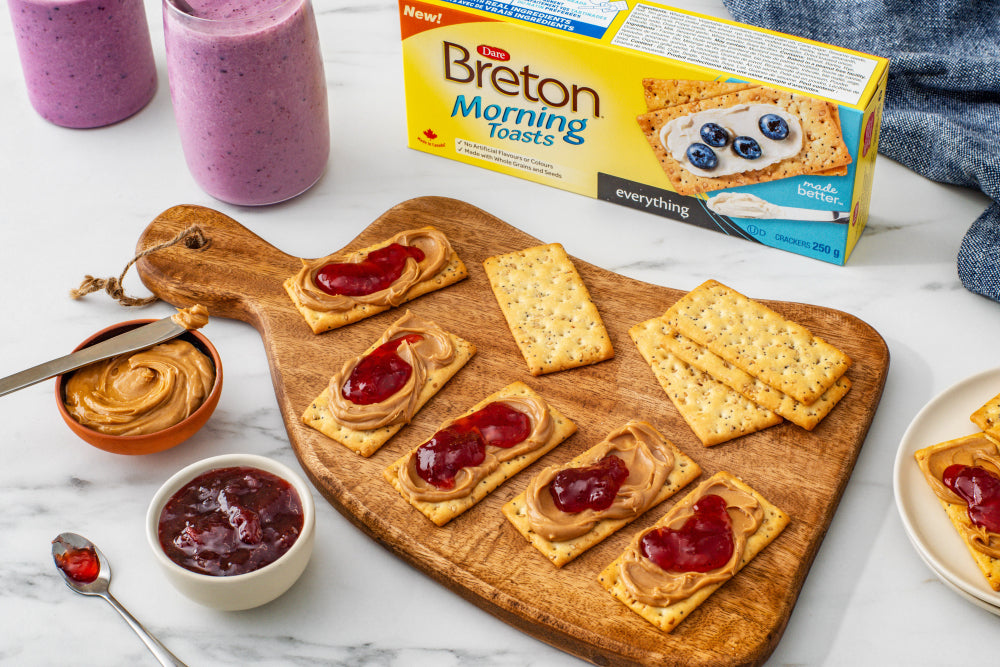 Dare Breton Morning Toasts Everything Crackers, 225g/8 oz. With Peanut butter and Jam