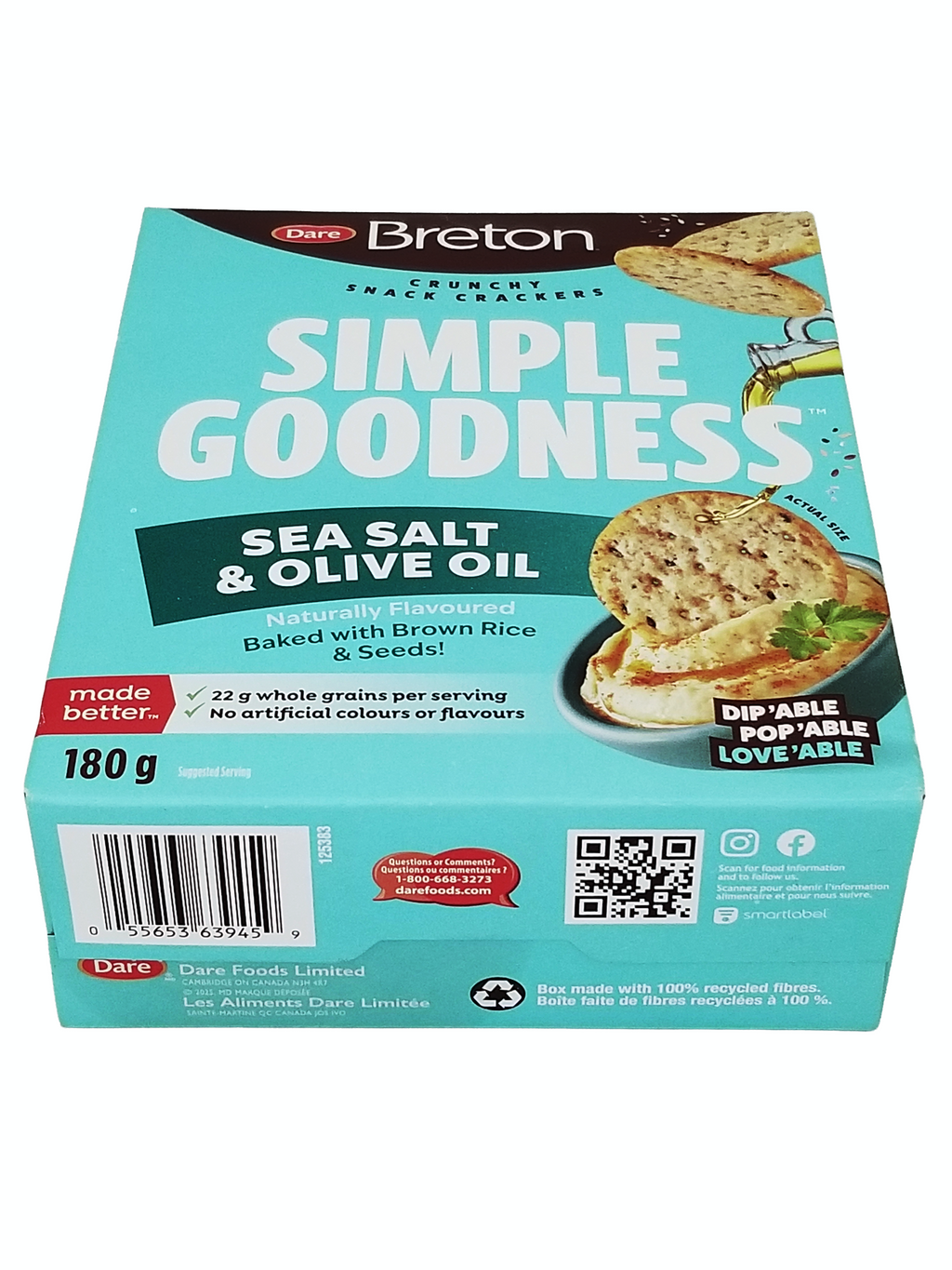 Box of Dare Breton Sea Salt & Olive Oil crackers with branding and product details.