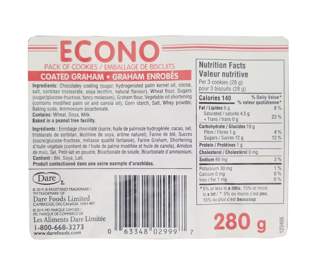 Dare, Econo Pack of Cookies, Chocolate Coated Graham, 280g/9.8 oz Nutrition Facts