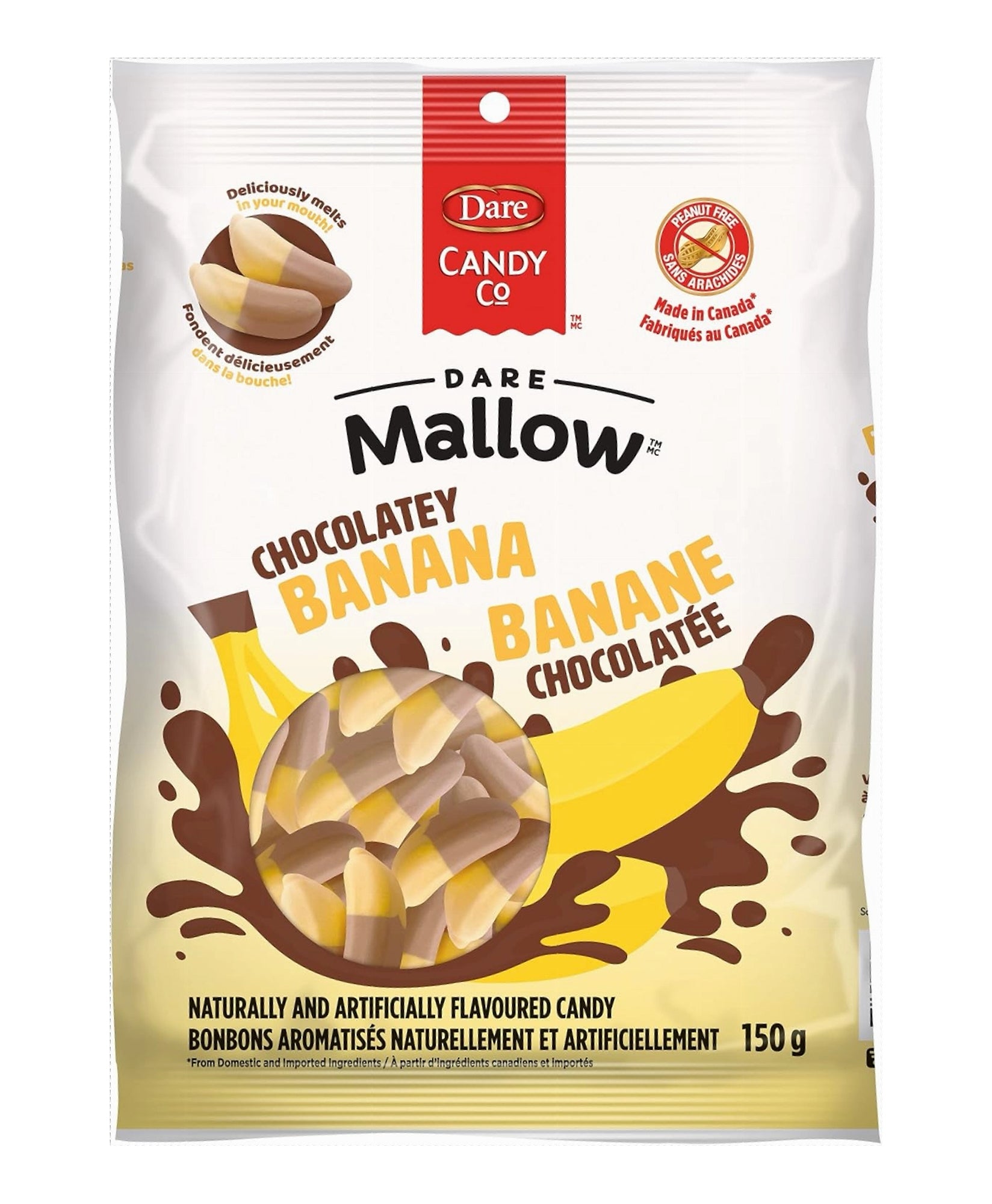 Dare Mallow Chocolatey Banana marshmallows 150g bag front – soft candy by Dare Foods