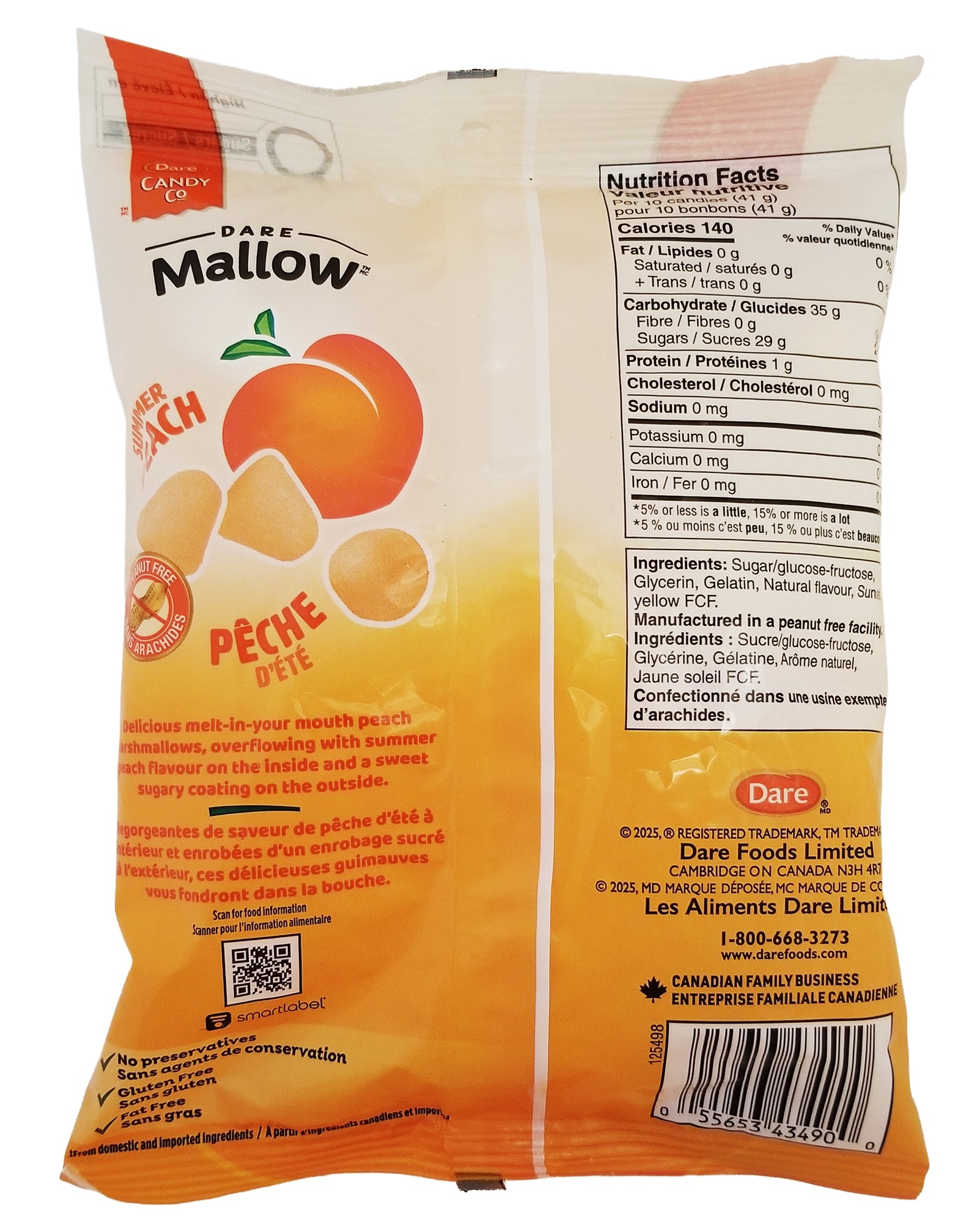 Dare Mallow Summer Peach marshmallows 150g back of bag