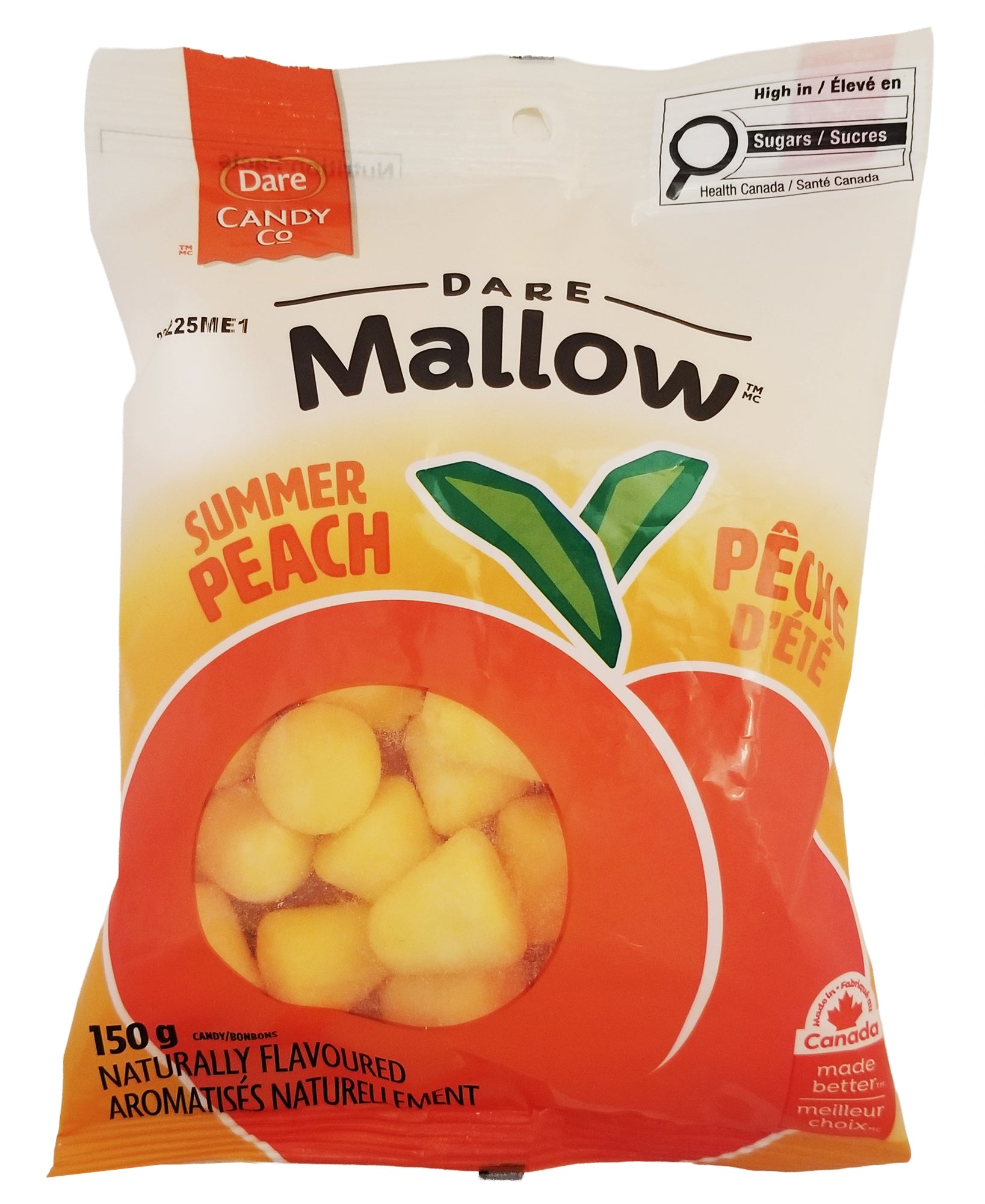 Dare Mallow Summer Peach marshmallows 150g bag front – soft candy by Dare Foods