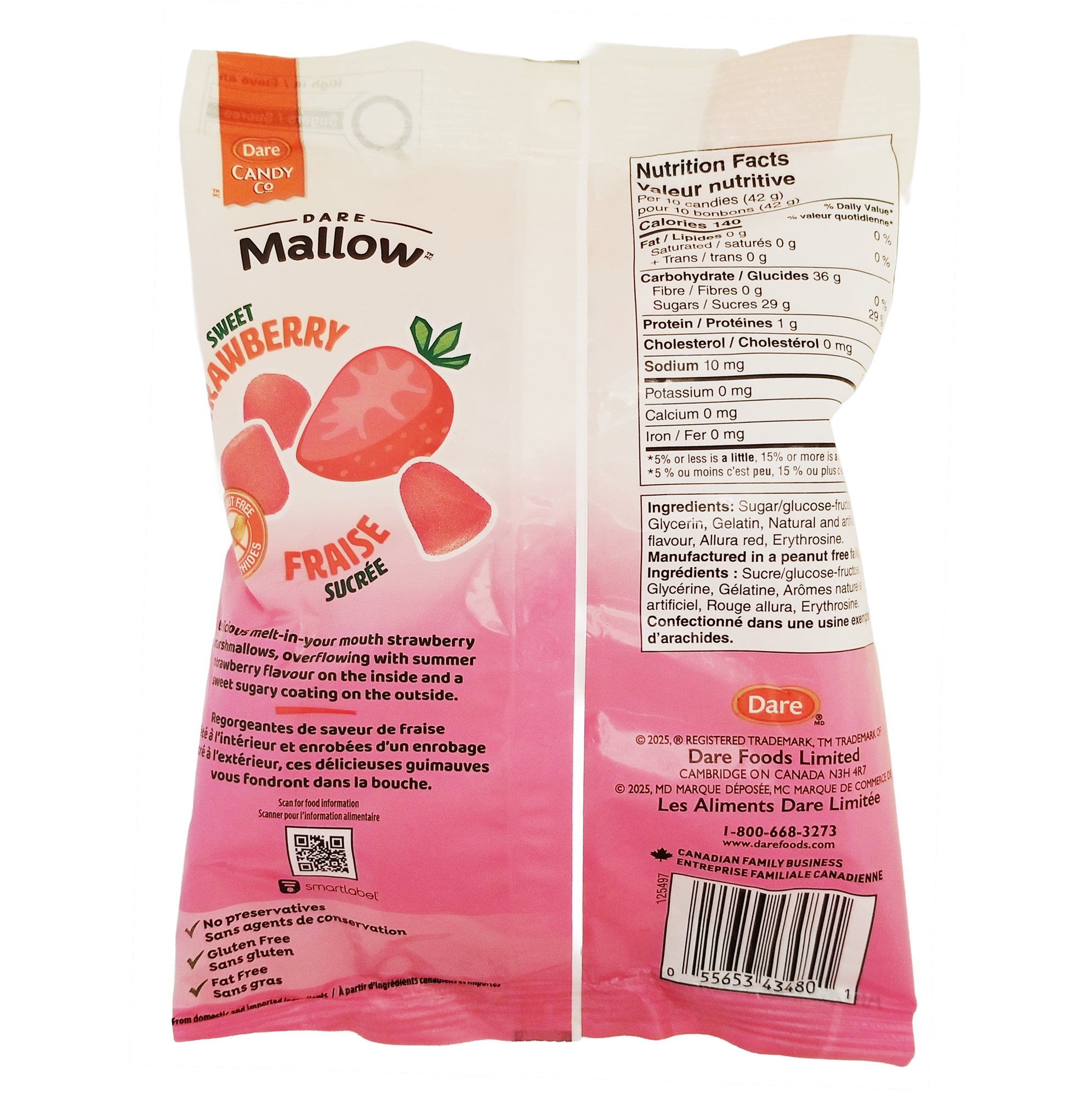 Dare Mallow Sweet Strawberry marshmallows 150g back of bag