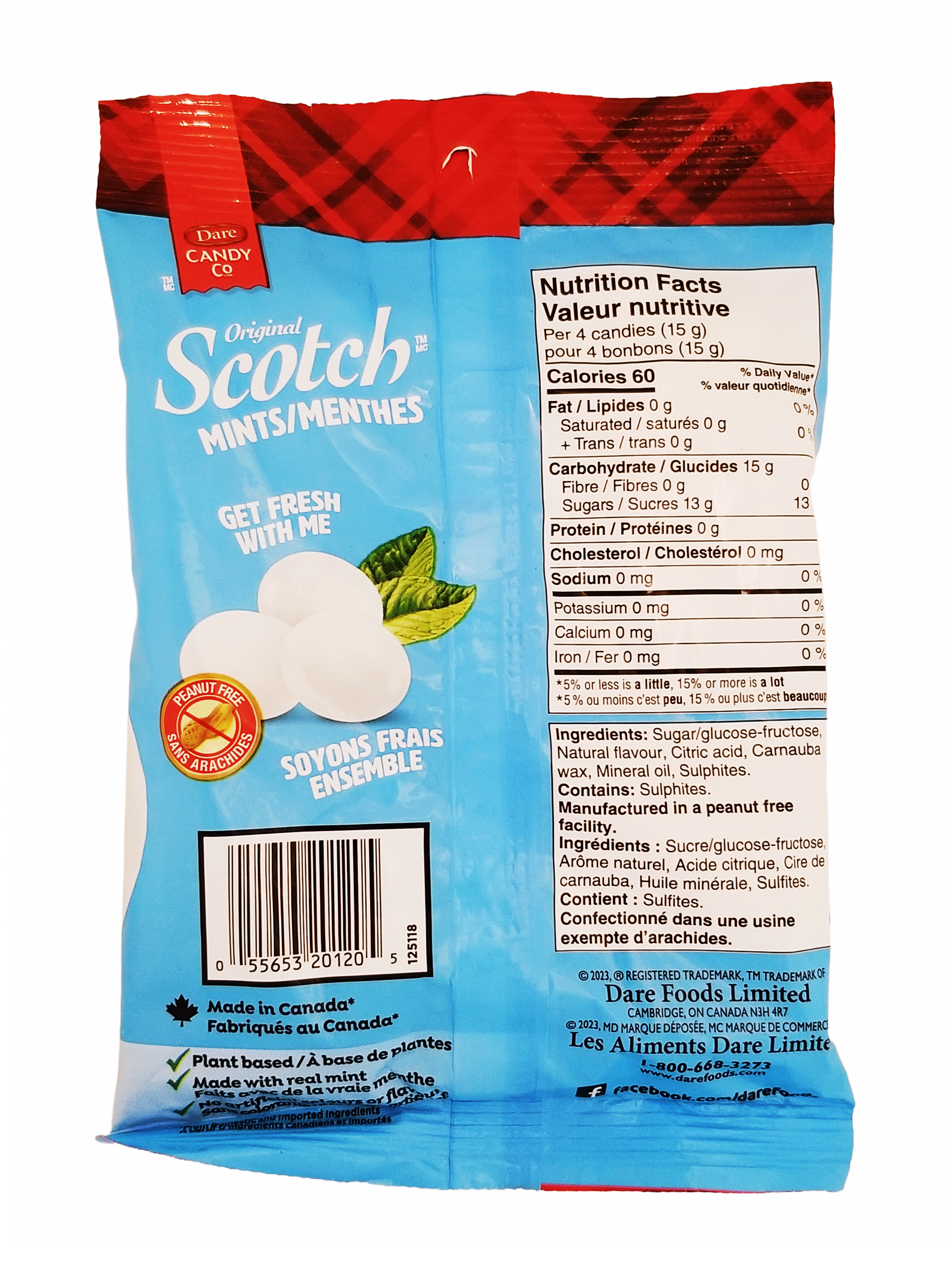 Scotch mints packaging with nutrition facts and ingredients listed on a white background