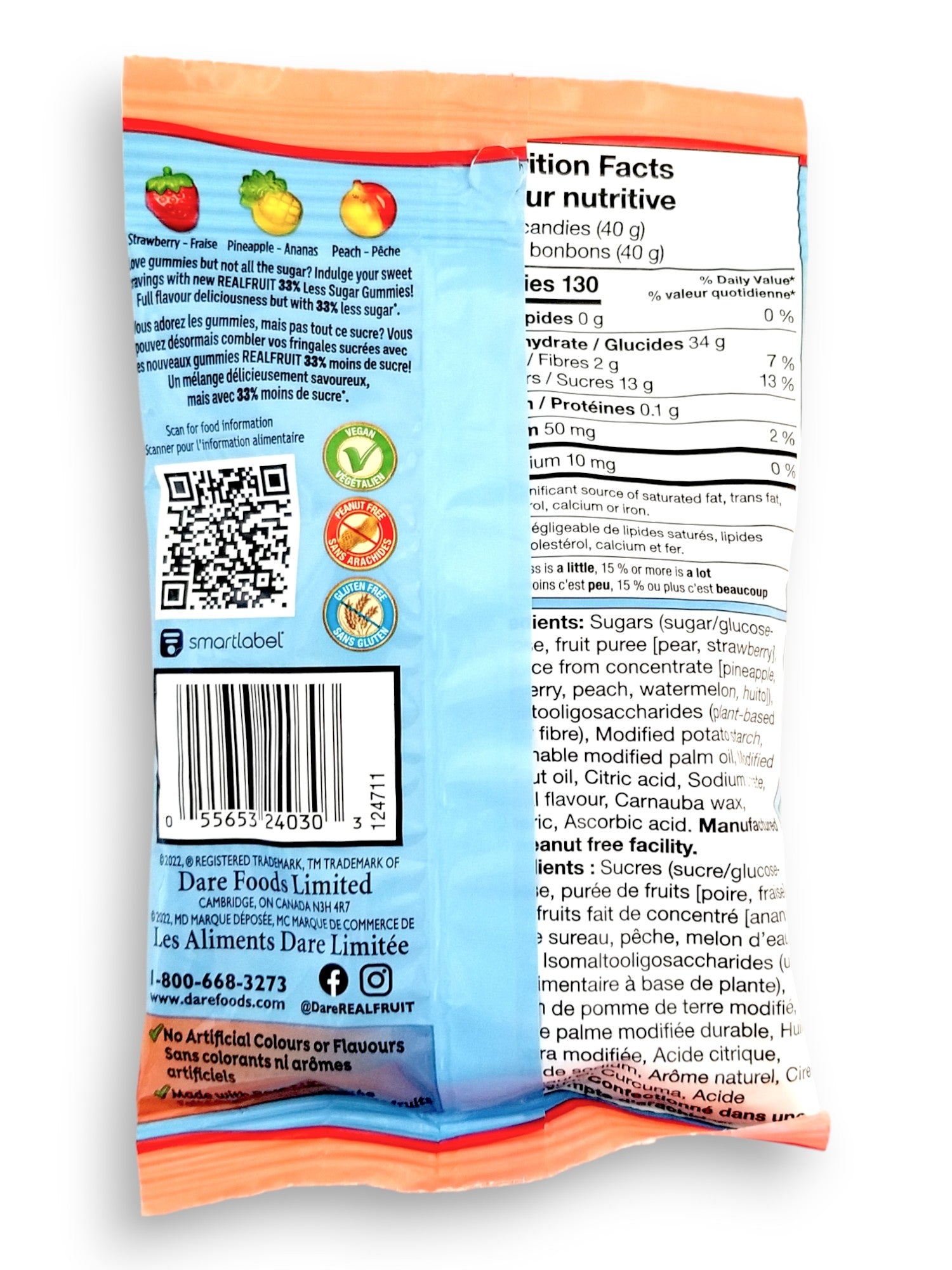 Dare Real Fruit Gummies, Paradise Punch, 120g, back of bag.