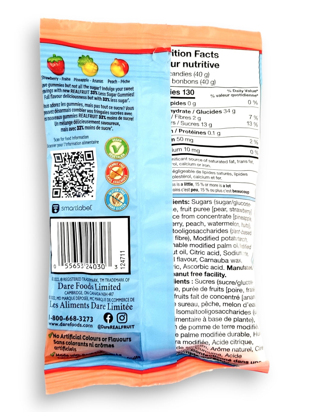 Dare Real Fruit Gummies, Paradise Punch, 120g, back of bag.