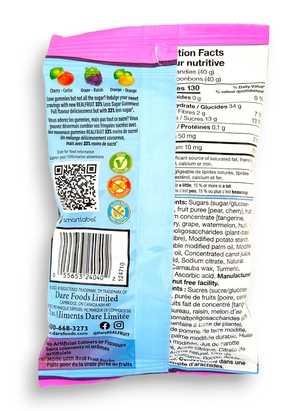 Dare Real Fruit Gummies, Sunshine Smash, 120g, back of bag.