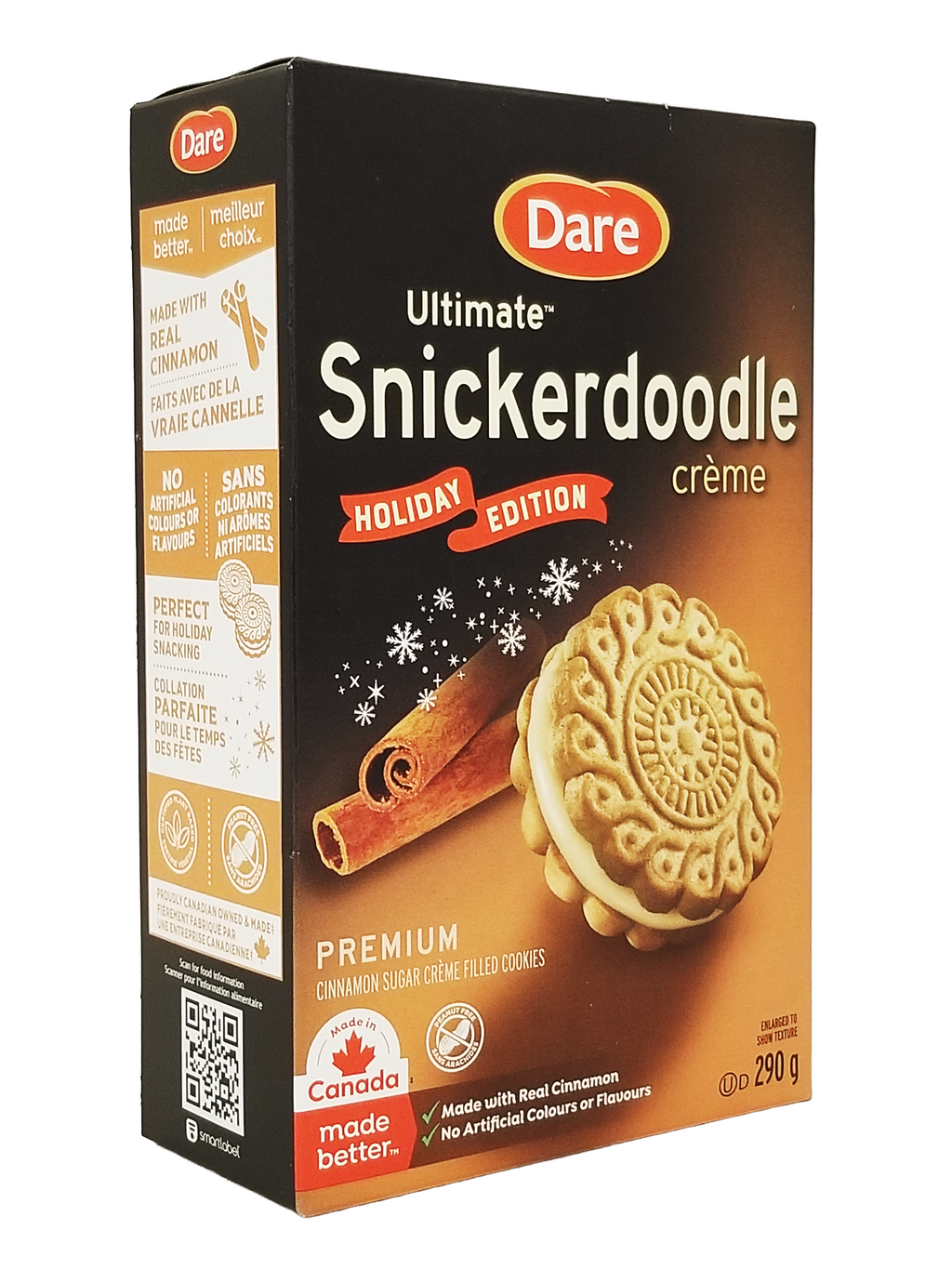 Box of Dare Ultimate Snickerdoodle crème cookies with cinnamon sticks and a cookie on the packaging.