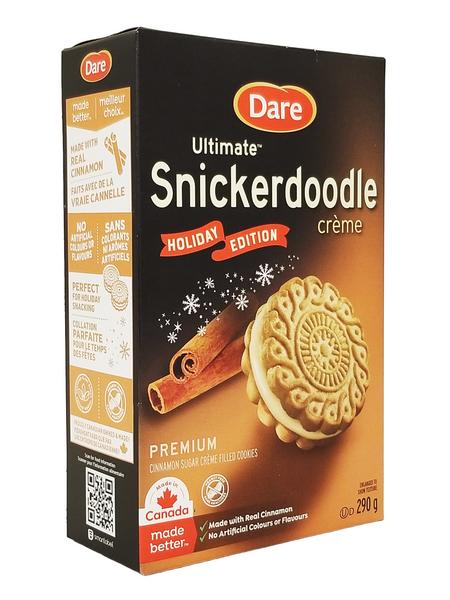 Box of Dare Ultimate Snickerdoodle crème cookies with cinnamon sticks and a cookie on the packaging.