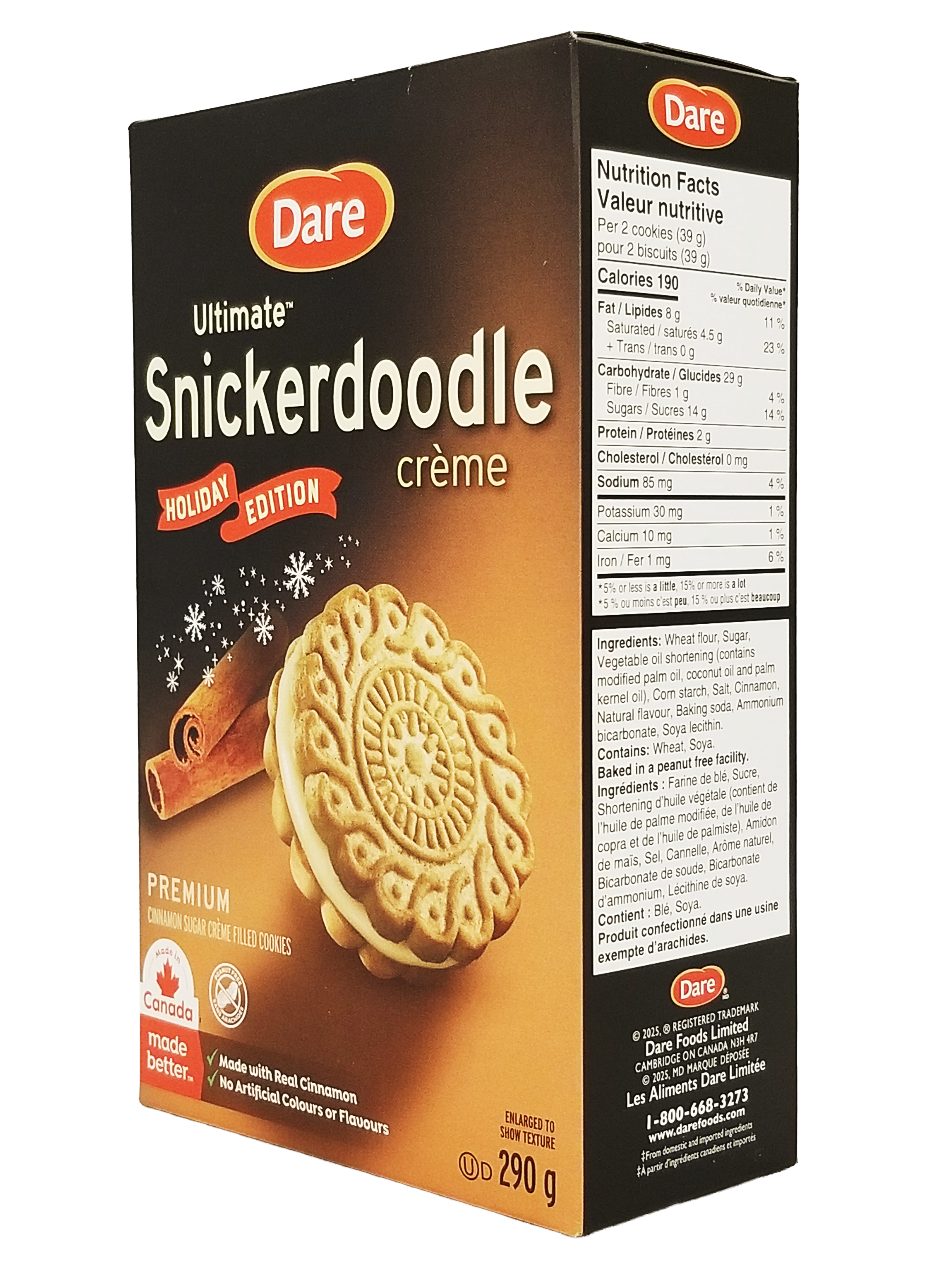 Box of Dare Ultimate Snickerdoodle crème cookies with a cookie image on a white background