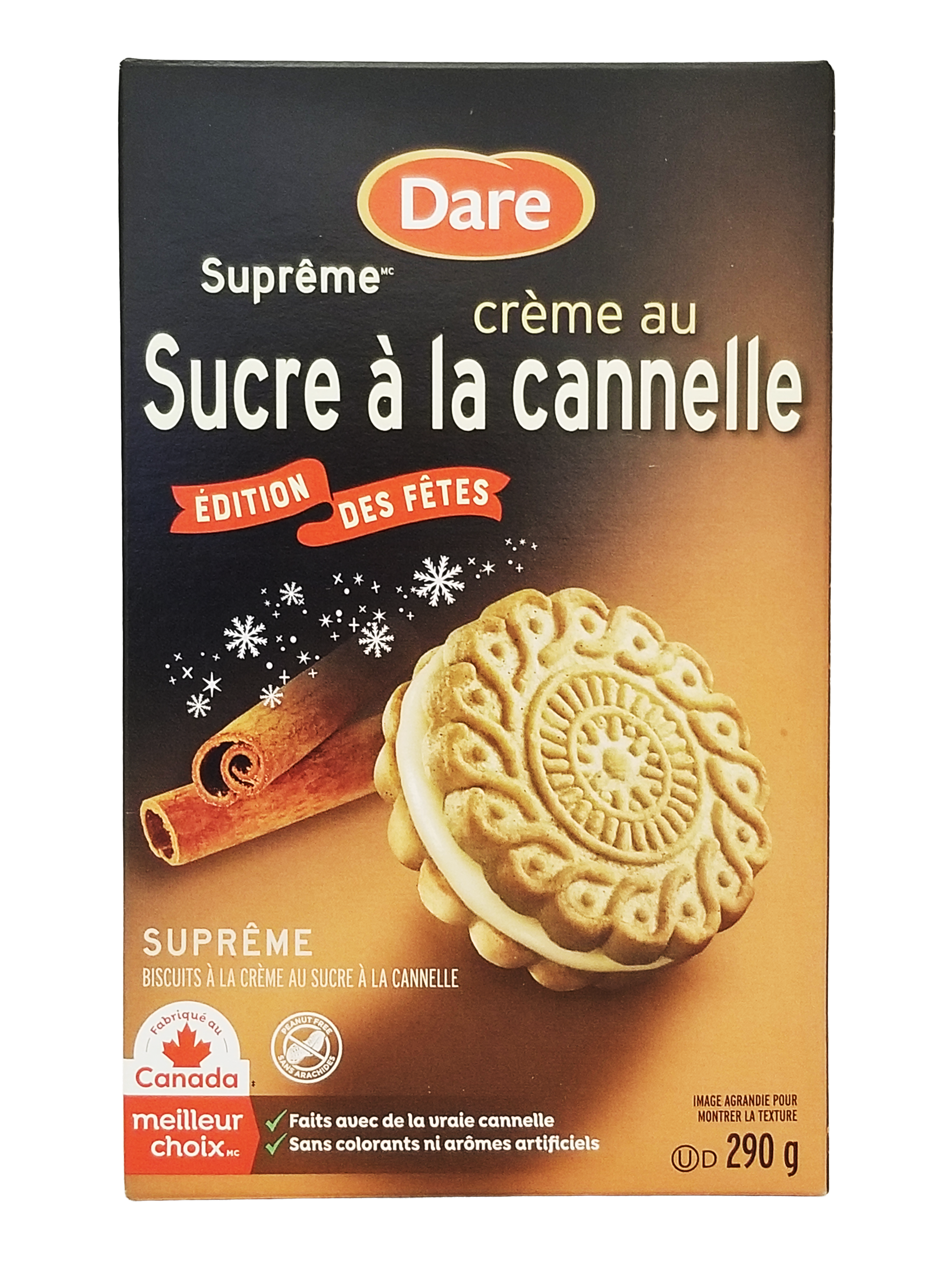 Box of Dare Supreme Creme au Sucre a la Cannelle cookies with a cinnamon stick and cookie on the packaging.