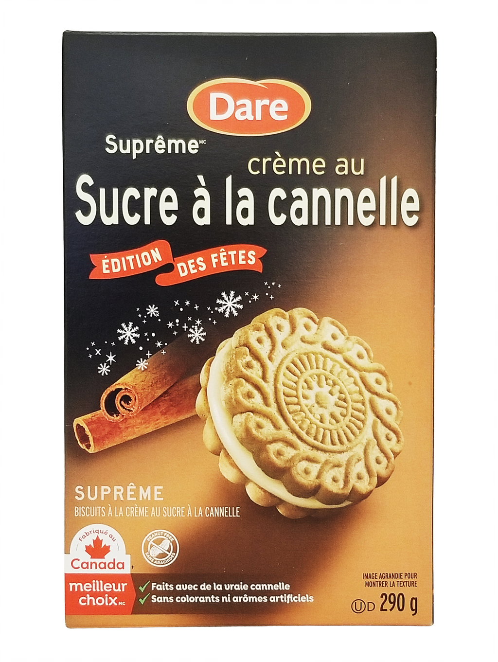 Box of Dare Supreme Creme au Sucre a la Cannelle cookies with a cinnamon stick and cookie on the packaging.
