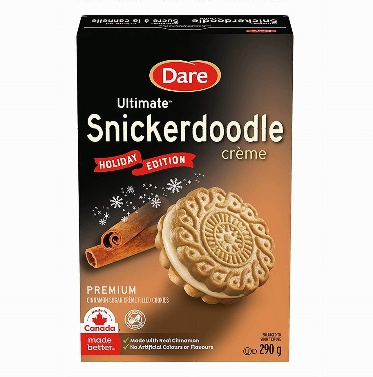 Box of Dare Ultimate Snickerdoodle crème cookies with a cinnamon stick on a white background