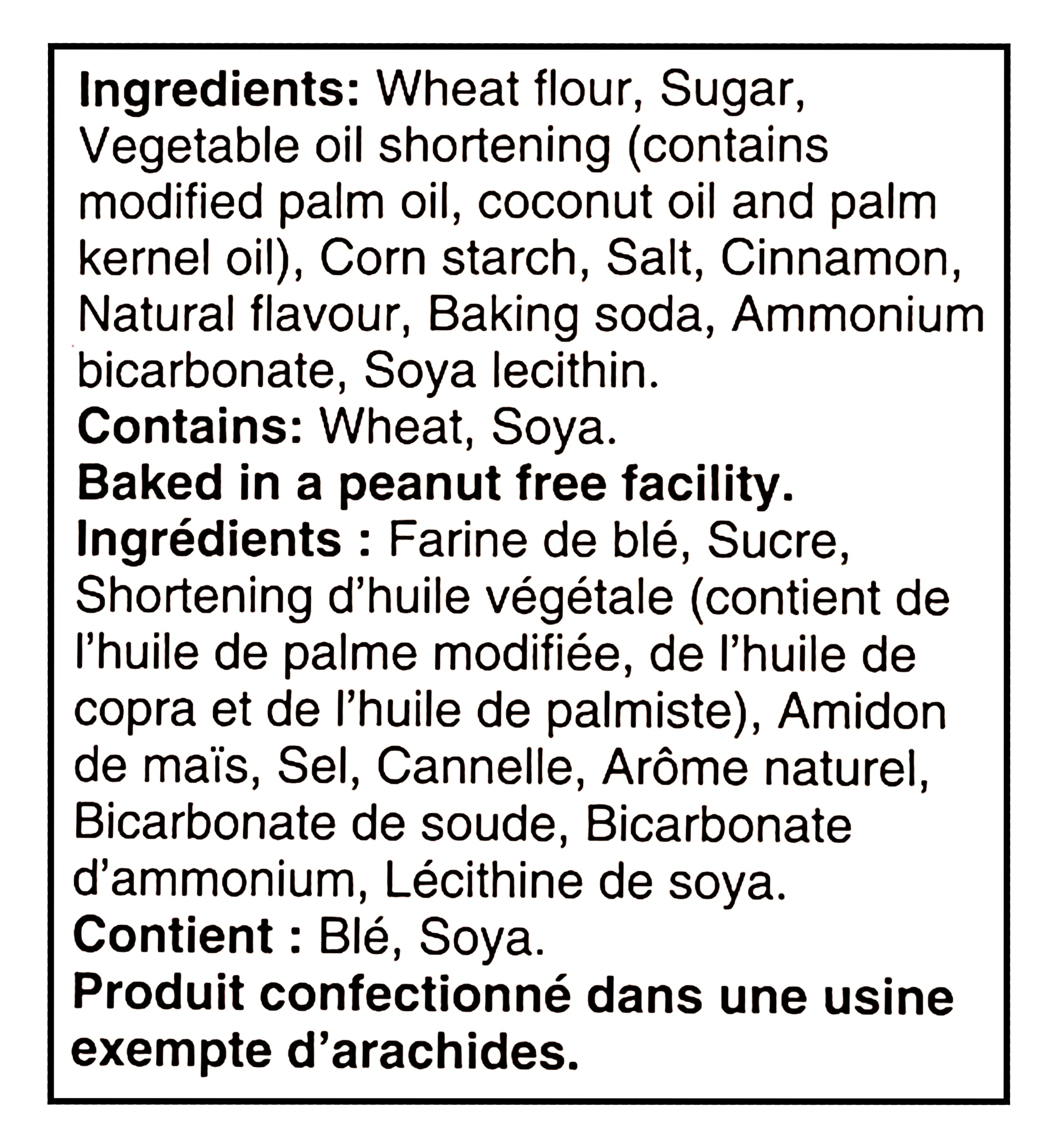 Ingredients list for Dare Ultimate Snickerdoodle Holiday Sandwich Cookies With Cinnamon Creme - 290g with allergen information on a black background