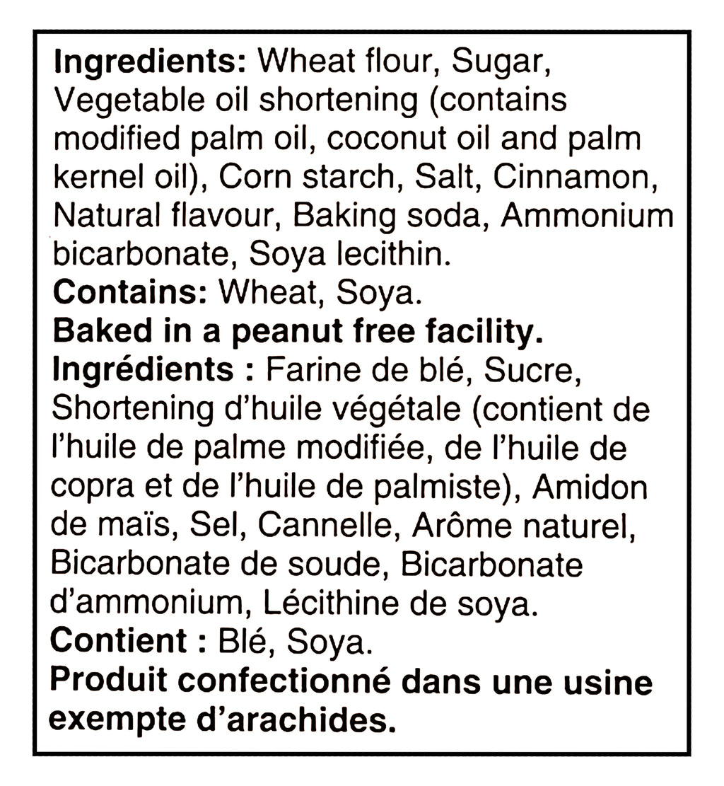 Ingredients list for Dare Ultimate Snickerdoodle Holiday Sandwich Cookies With Cinnamon Creme - 290g with allergen information on a black background