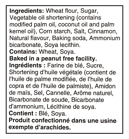 Ingredients list for Dare Ultimate Snickerdoodle Holiday Sandwich Cookies With Cinnamon Creme - 290g with allergen information on a black background