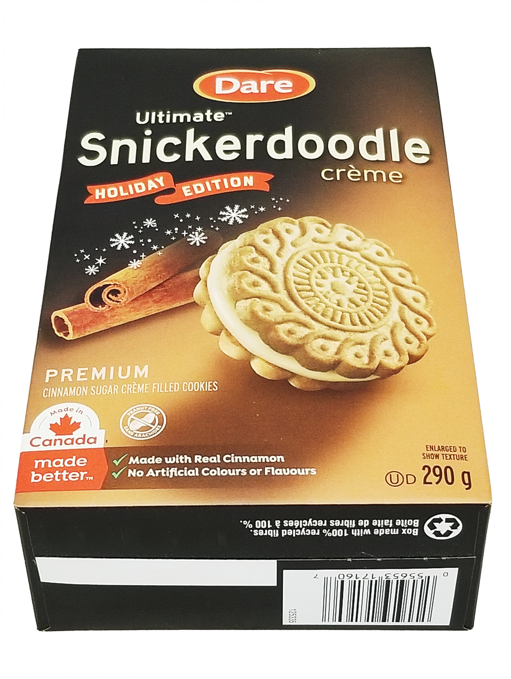 Box of Dare Ultimate Snickerdoodle crème cookies with a cinnamon stick and cookie on the packaging.