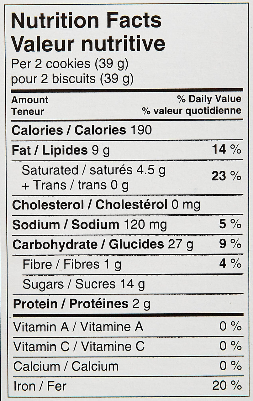 Dare Ultimate Fudge Chocolate Creme Cookies, 290g/10.2oz. Box Nutrition Facts Label