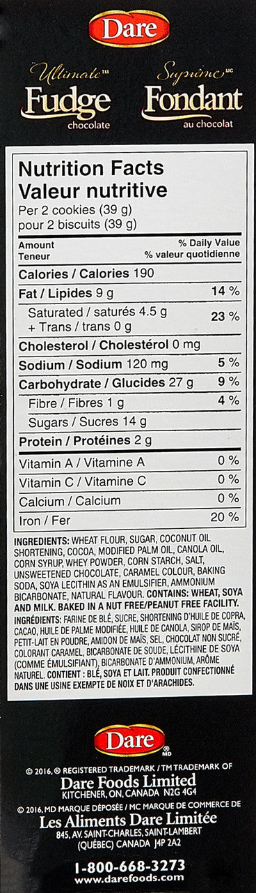 Dare Ultimate Fudge Chocolate Creme Cookies, 290g/10.2oz. Nutrition Facts