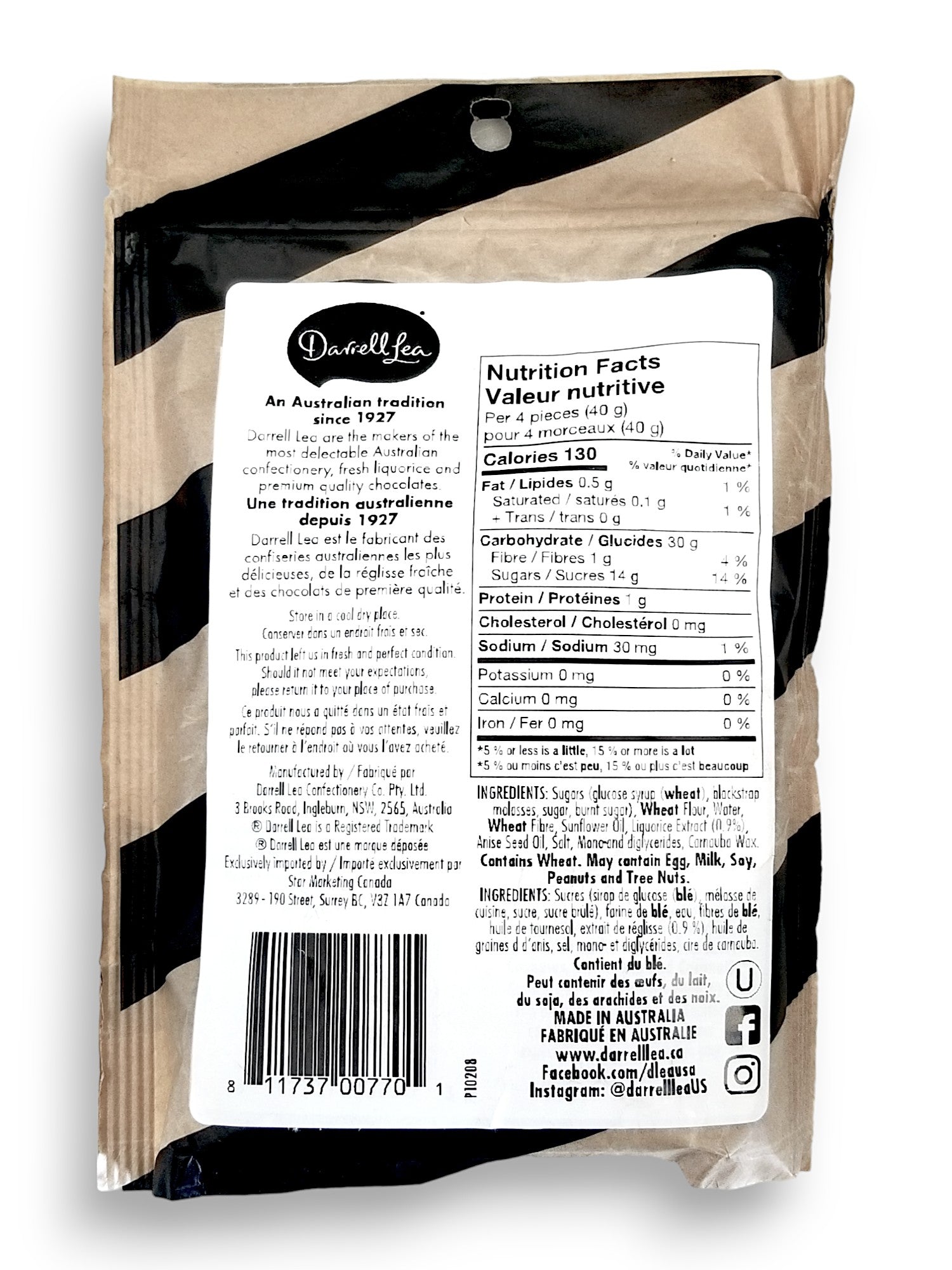 Darrell Lea Soft Australian Plant Based Licorice, Original Flavor, 200g, back of bag with upc.