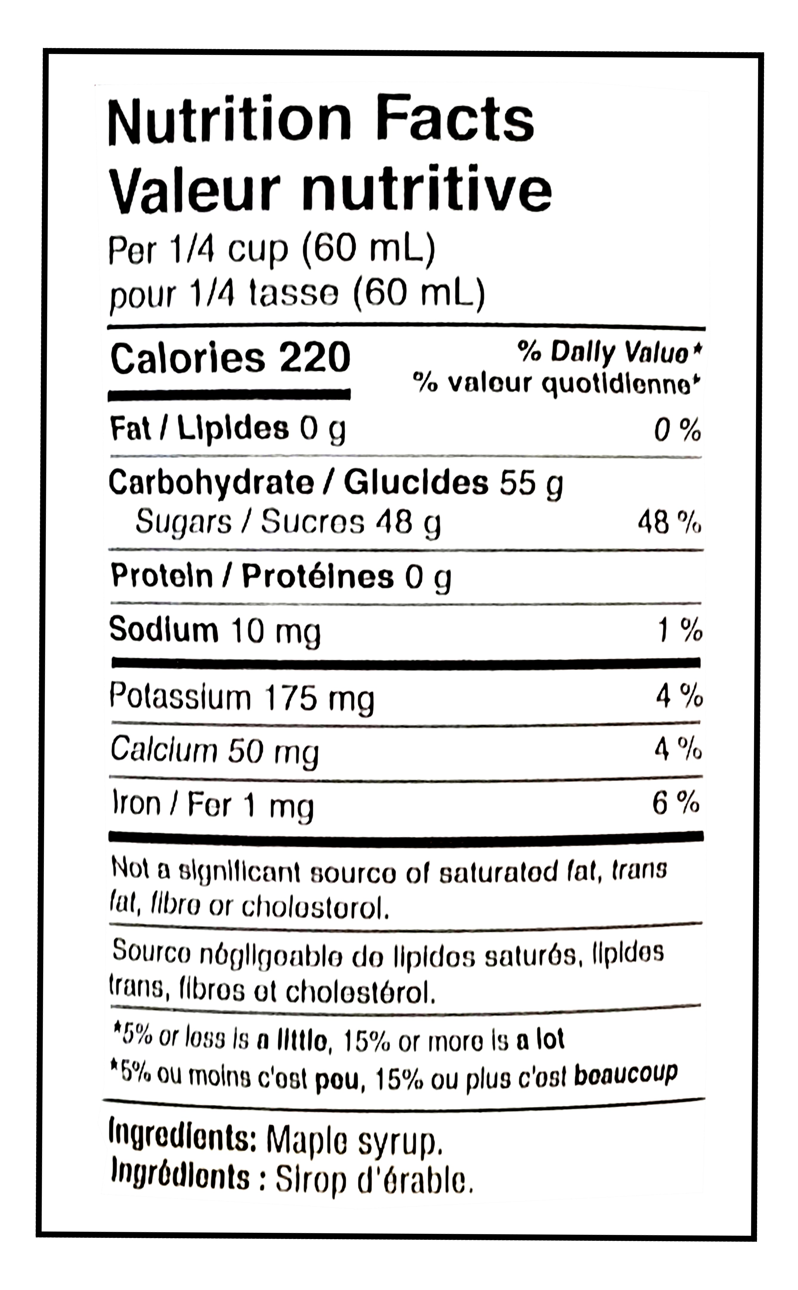 Decacer Pure Maple Syrup, Canada #1 Medium, 540ml/18.26oz. - Nutrition Facts & Ingredients Label