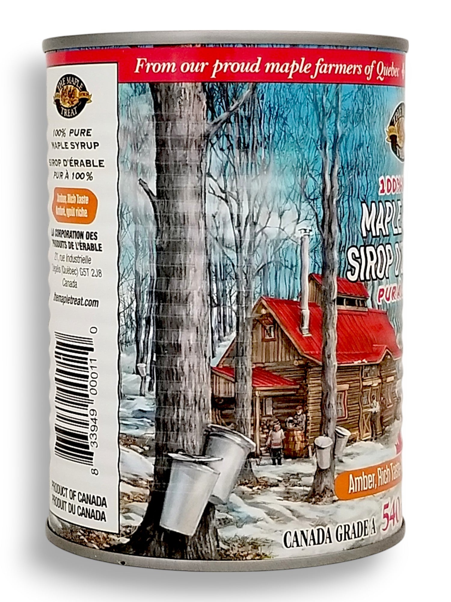 Decacer Pure Maple Syrup, Canada #1 Medium, 540ml/18.26oz. -Side Of Can