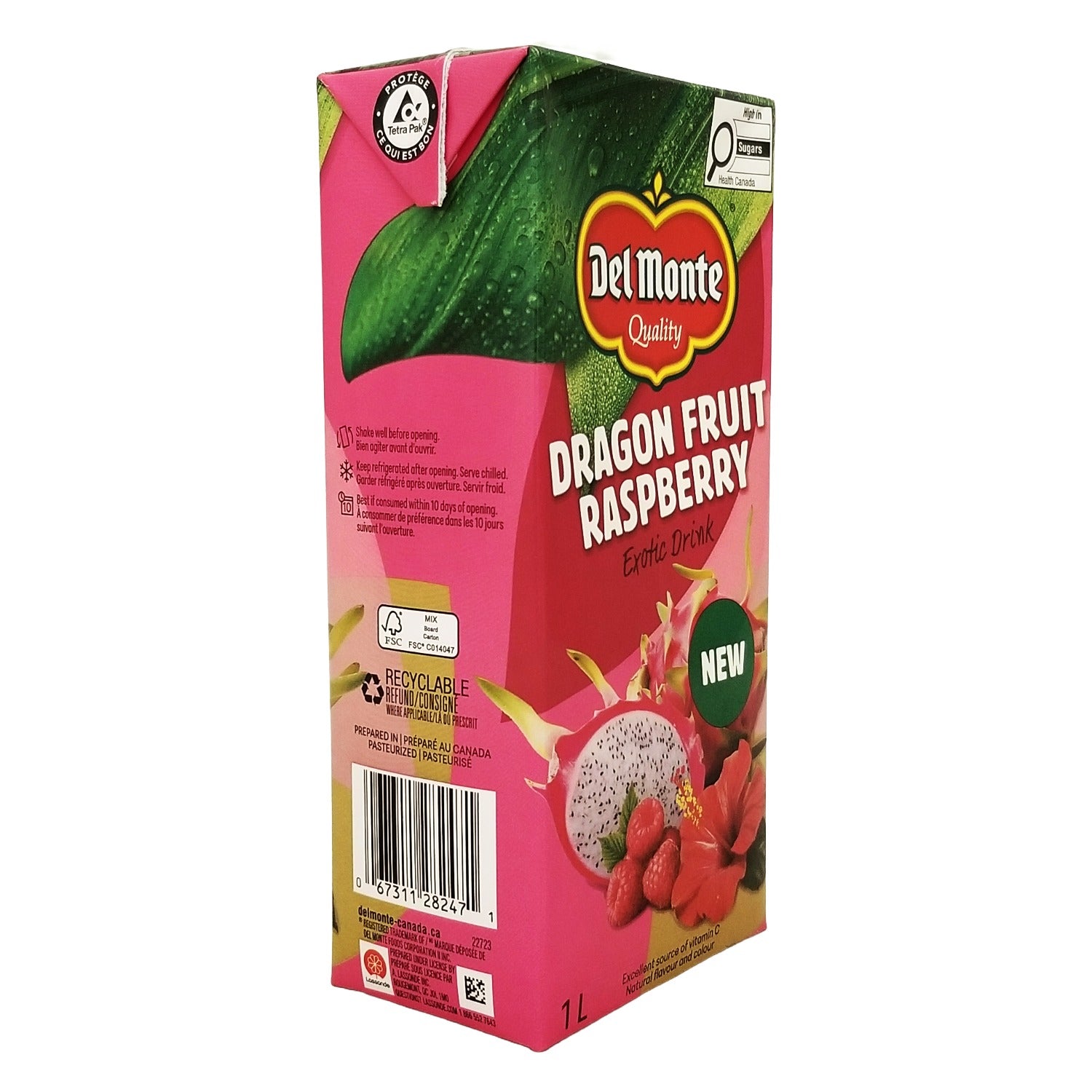 Del Monte Dragon Fruit Raspberry Exotic Drink 1 L - angled view of carton