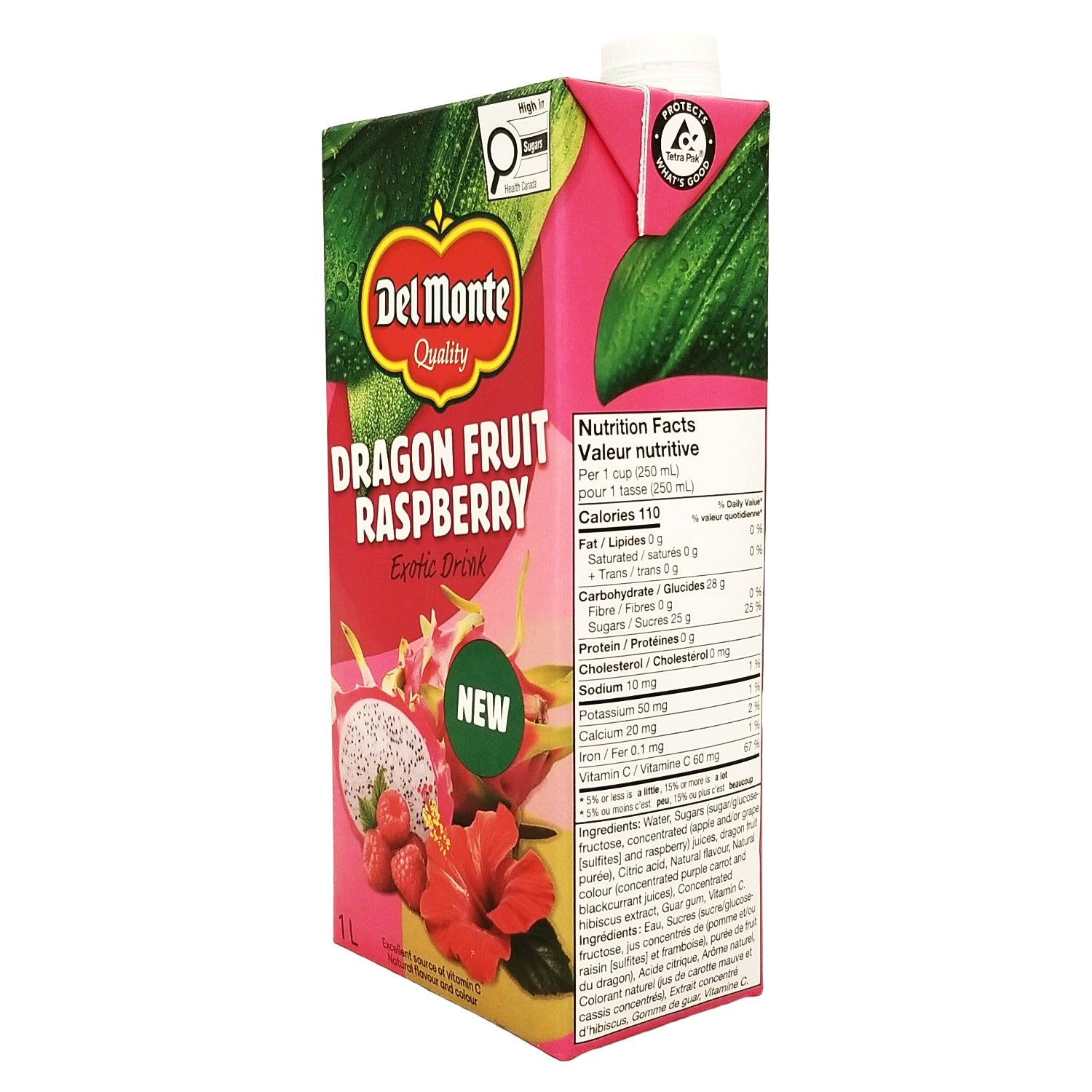 Del Monte Dragon Fruit Raspberry Exotic Drink 1 L - second angled view of carton