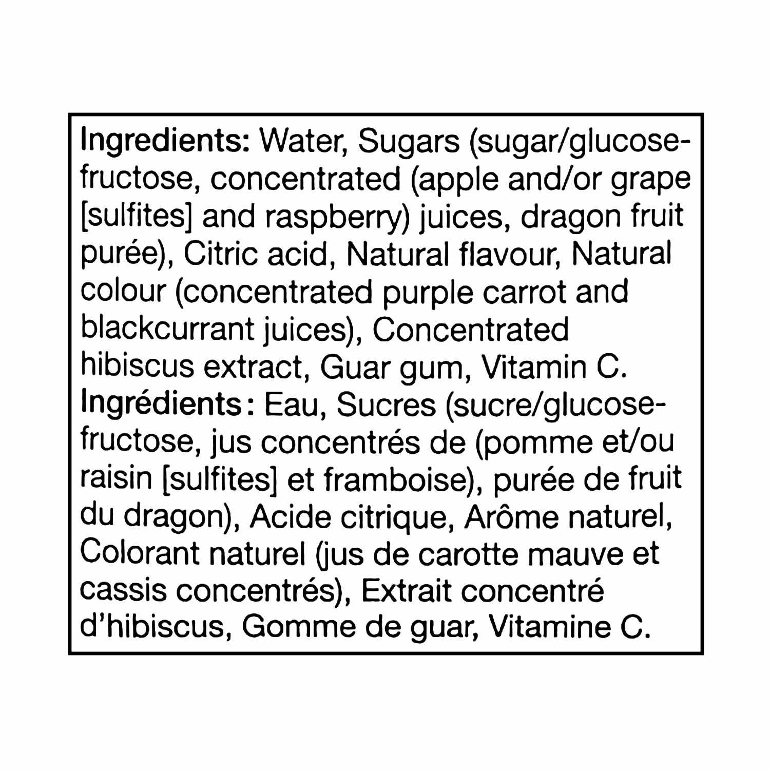 Del Monte Dragon Fruit Raspberry Exotic Drink 1 L - ingredients label