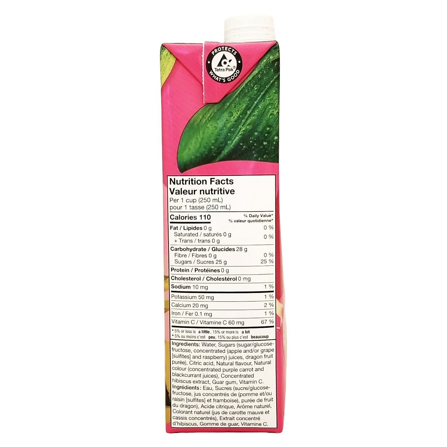 Del Monte Dragon Fruit Raspberry Exotic Drink 1 L - side view of carton